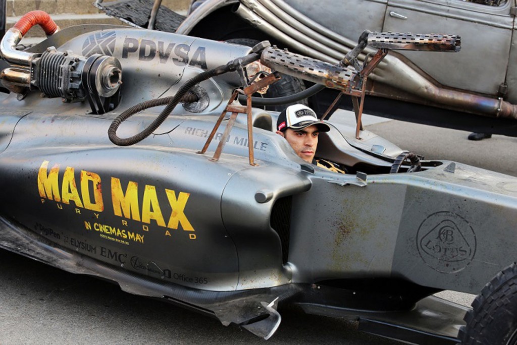 Pastor Maldonado (VEN) Lotus F1 Team promoting the film Mad Max: Fury Road.Spanish Grand Prix, Friday 8th May 2015. Barcelona, Spain.